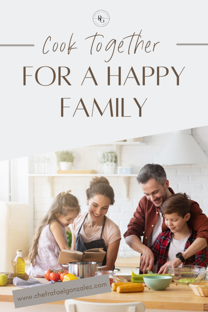Family of four happily cooking together 