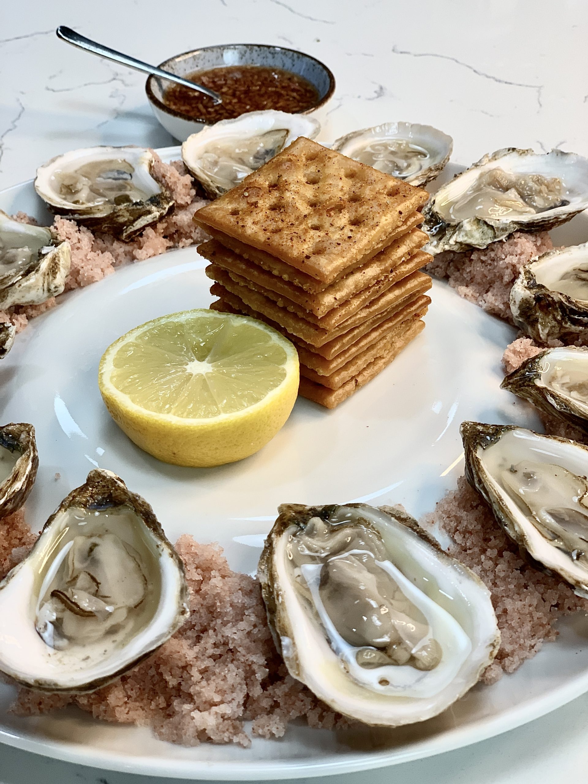 fresh oysters on the half shell served on pink salt with saltines, lemon and vinegar mignonette