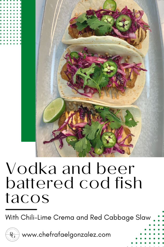 vodka and beer battered crispy cod fish tacos