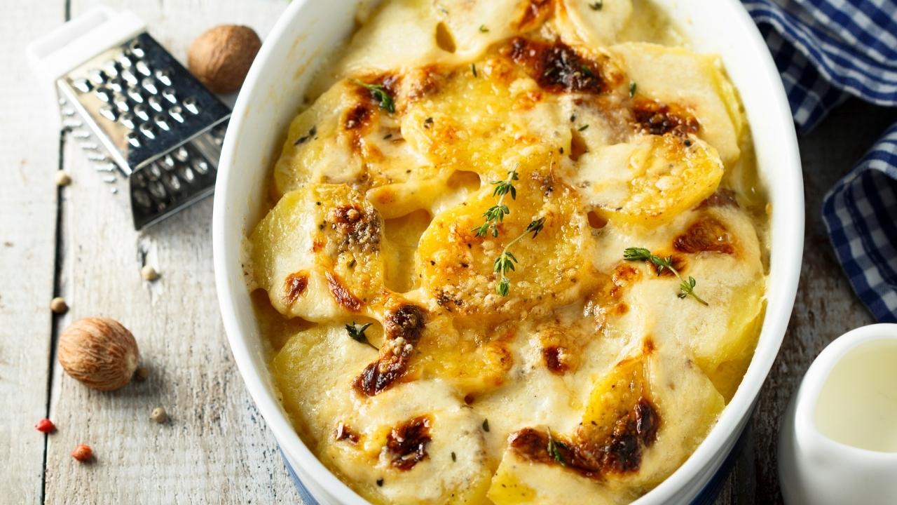 Potato and parsnip gratin with thyme and gruyere cheese