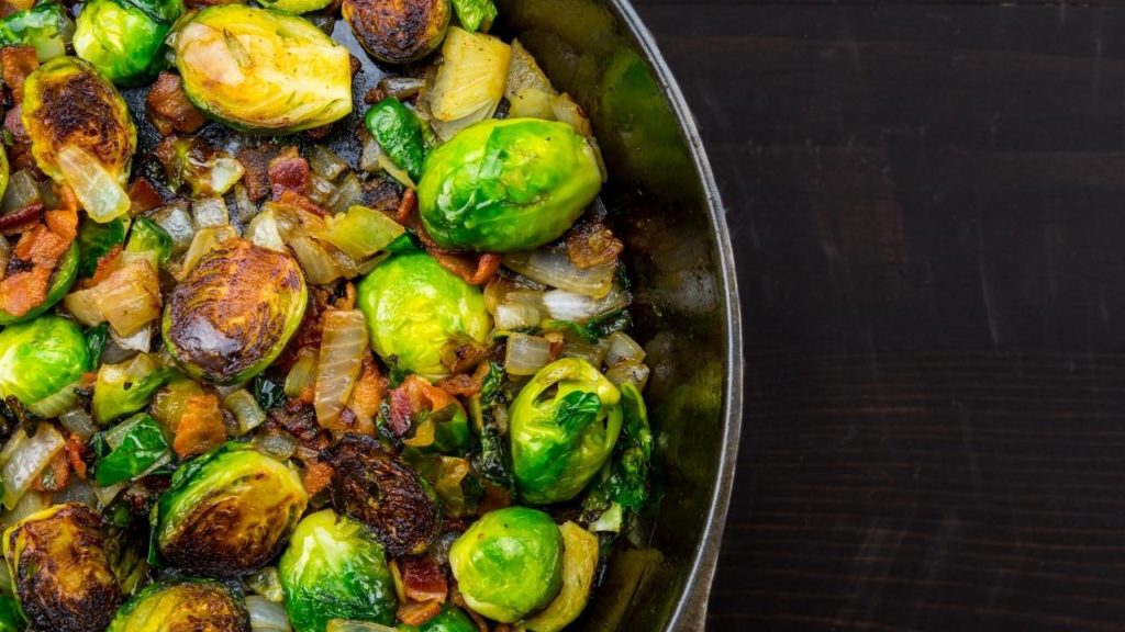 Roasted brussels sprouts with bacon and onions